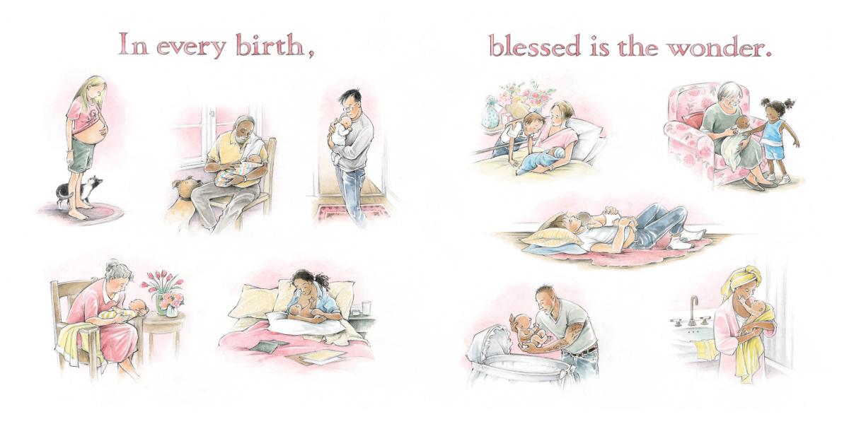 Interior spread on In Every Life. In pink tones text at the top of the spread reads "In every birth, blessed is the owner." Below the text are various vignettes of babies with their families. Each drawing has a pink tone in it to match the text. 