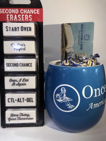 Once Upon A Time Round Blue Mug with gift card, chocolate, and eraser set