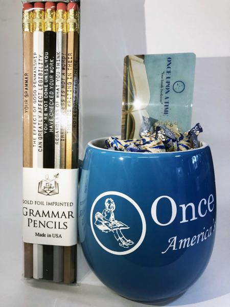 Once Upon A Time Round Blue Mug with gift card, chocolate, and grammar pencil set