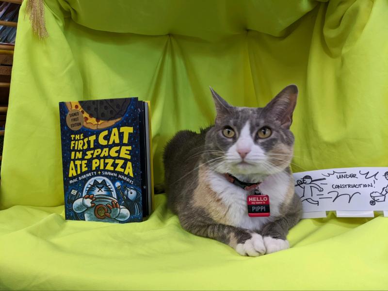 Pippi Longstocking laying next to her favorite graphic novel The First Cat in Space Ate Pizza in front of a bright neon yellow fabric. 