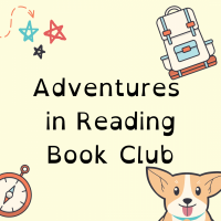 Graphic containing words and images. Text reads "Adventures in Reading Book Club" and surrounding the text are a backpack, compass, stars, and a dog. 