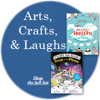 Blue circle with white text "Arts, Crafts, and Laughs" with two book covers off center to the right