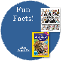 Blue circle with white text "Fun Facts" with two book covers off center to the right