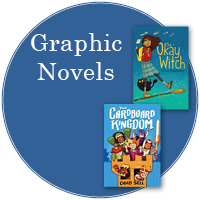 Blue circle with white text "Graphic Novels" with two book covers off center to the right