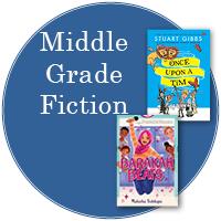 Middle Grade Fiction List in a blue circle with two book covers on the right
