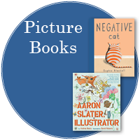 Blue circle with white text "Picture Books" with two book covers off center on the right