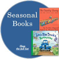Blue circle with white text "Seasonal Books" with two book covers off center to the right
