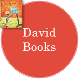 David Series Signed Books Button - "David Books" in bright orange circle with No David cover in the top left corner