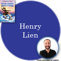 Henry Lien in purple-blue circle with the cover of Peasprout Chen Future Legend of Skate and Sword in the top left corner and a photo of Henry provided by the author in the bottom right corner.