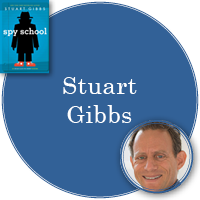Stuart Gibbs in blue circle with cover of Spy School in top left corner and photo of Stuart in bottom right corner
