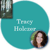 Tracy Holczer in turquoise circle with cover of Brave in the Woods in top left corner and photo of Tracy in bottom right corner