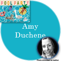 Amy Duchene Signed Books Button - "Amy Duchene" in bright blue circle with Pool Party cover in top left corner and a photo of Amy in bottom right corner.