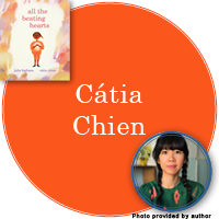 Cátia Chien Signed Books Button - "Cátia Chien" in bright orange circle with All the Beating Hearts cover in top left corner and a photo of Cátia in bottom right corner.