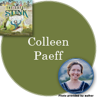 Colleen Paeff Signed Books Button - "Colleen Paeff" in grey-green circle with The Great Stink cover in top left corner and a photo of Colleen in bottom right corner.