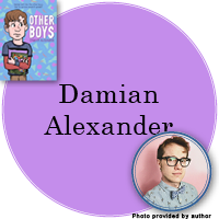 Damian Alexander Signed Books Button - "Damian Alexander" in bright purple circle with Other Boys cover in top left corner and a photo of Damian in bottom right corner.