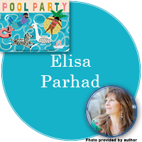 Elisa Parhad Signed Books Button - "Elisa Parhad" in bright blue circle with Pool Party cover in top left corner and a photo of Elisa in bottom right corner.