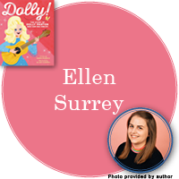 Ellen Surrey Signed Books Button - "Ellen Surrey" in bright pink circle with Dolly! cover in top left corner and a photo of Ellen in bottom right corner.