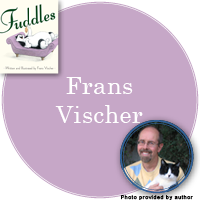 Frans Vischer Signed Books Button - "Frans Vischer" in pale purpler circle with Fuddles cover in top left corner and a photo of Frans holding Felix in bottom right corner.