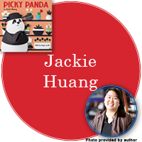 Jackie Huang Signed Books Button - "Jackie Huang" in red circle with Picky Panda cover in top left corner and a photo of Jackie in bottom right corner.