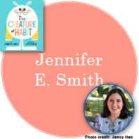 Jennifer E. Smith Signed Books Button - "Jennifer E. Smith" in pale pink circle with The Creature of Habit cover in top left corner and a photo of Jennifer in bottom right corner.