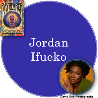 Jordan Ifueko Signed Books Button - "Jordan Ifueko" in royal purple circle with Raybearer cover in top left corner and a photo of Jordan in bottom right corner.