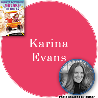 Karina Evans Signed Books Button - "Karina Evans" in bright pink circle with Audrey Covington Breaks the Rules cover in top left corner and a photo of Karina in bottom right corner.