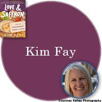 Kim Fay Signed Books Button - "Kim Fay" in deep purple circle with Love and Saffron cover in top left corner and a photo of Kim in bottom right corner.