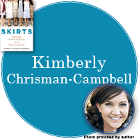 Kimberly Chrisman-Campbell Signed Books Button - "Kimberly Christian-Campbell" in bright blue circle with Skirts cover in top left corner and a photo of Kimberly  in bottom right corner.