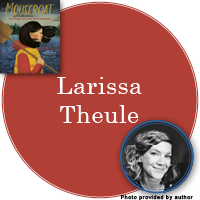 Larissa Theule Signed Books Button - "Larissa Theule" in brick red circle with Mouseboat cover in top left corner and a photo of Larissa in bottom right corner.