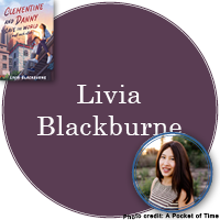 Livia Blackburne Signed Books Button - "Livia Blackburne" in deep lavender circle with Clementine and Danny cover in top left corner and a photo of Livia in bottom right corner.
