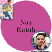 Naz Kutub Signed Books Button - "Naz Kutub" in bright pink circle with The Loophole cover in top left corner and a photo of Naz in bottom right corner.