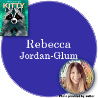 Rebecca Jordan-Glum Signed Books Button - "Rebecca Jordan-Glum" in purple circle with Kitty cover in top left corner and a photo of Rebecca in bottom right corner.