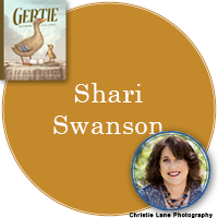 Shari Swanson Signed Books Button - "Shari Swanson" in light brown circle with Gerti, The Darling Duck of WWII cover in top left corner and a photo of Shari in bottom right corner.