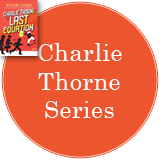 Charlie Thorne Series in a bright red circle with the cover of Charlie Thorne and the Last Equation in the top left corner