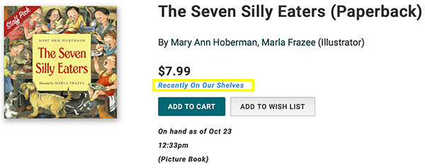 Screenshot of full page book results with a yellow box highlighting the stock status below the price of the book and the availability reading "Recently on Our Shelves", the section of the store, and when the inventory was last updated