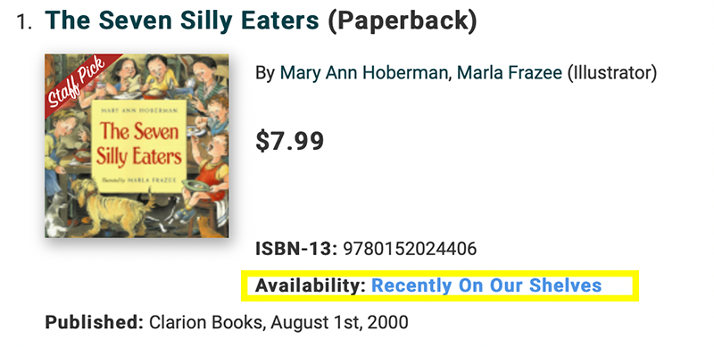 Screenshot of book search results with a yellow box highlighting the stock status and the availability reading "Recently on Our Shelves"